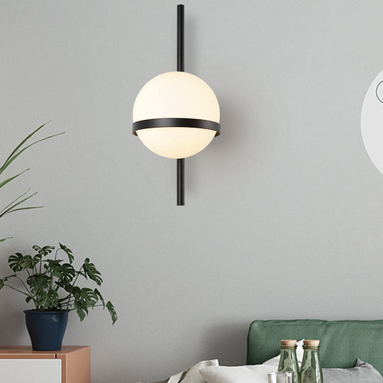 Modern Black/Gold Vertical Wall Sconce with Orbit Opal Glass Shade - 1 Head Metal Wall Lamp, 6"/8" Width
