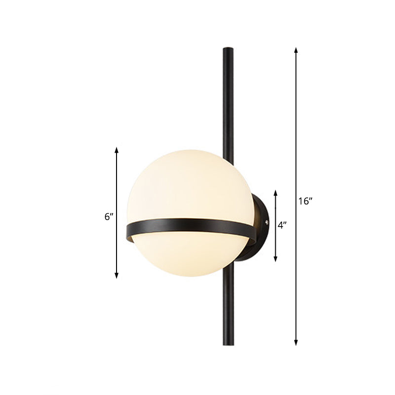 Modern Black/Gold Vertical Wall Sconce with Orbit Opal Glass Shade - 1 Head Metal Wall Lamp, 6"/8" Width