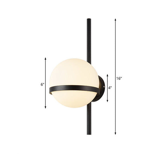 Modern Black/Gold Vertical Wall Sconce with Orbit Opal Glass Shade - 1 Head Metal Wall Lamp, 6"/8" Width