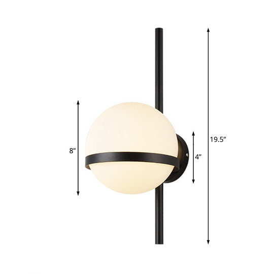 Modern Black/Gold Vertical Wall Sconce with Orbit Opal Glass Shade - 1 Head Metal Wall Lamp, 6"/8" Width
