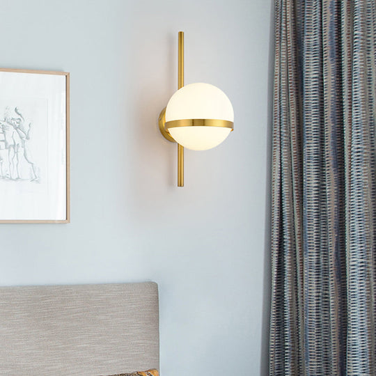 Modern Black/Gold Vertical Wall Sconce with Orbit Opal Glass Shade - 1 Head Metal Wall Lamp, 6"/8" Width