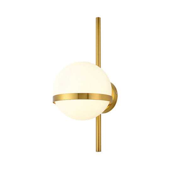 Modern Black/Gold Vertical Wall Sconce with Orbit Opal Glass Shade - 1 Head Metal Wall Lamp, 6"/8" Width