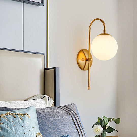 Modern Golden Gooseneck Wall Sconce with Frosted Glass Ball Shade for Bedroom