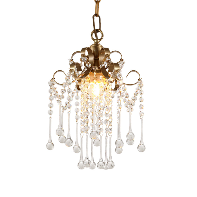 Modern Crystal Beads Pendant Ceiling Lamp - Gold Curved Design, 1 Bulb Suspension for Bedchamber Lighting