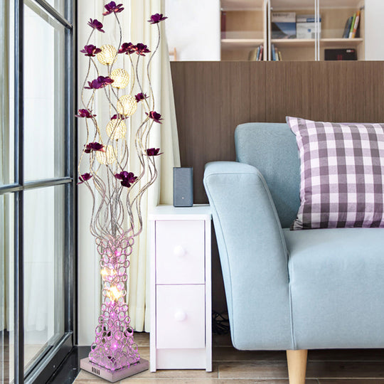 Metal Purple Floral LED Floor Reading Lamp with Hollowed Trapezoid Base - Standing Light Tree Branch Design