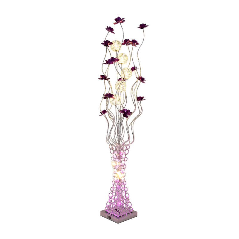 Metal Purple Floral LED Floor Reading Lamp with Hollowed Trapezoid Base - Standing Light Tree Branch Design