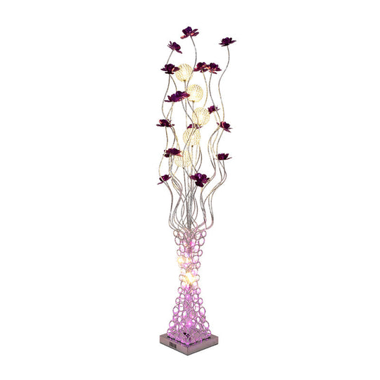 Metal Purple Floral LED Floor Reading Lamp with Hollowed Trapezoid Base - Standing Light Tree Branch Design