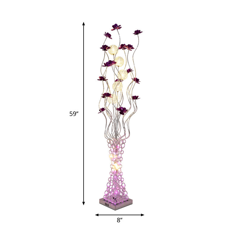 Metal Purple Floral LED Floor Reading Lamp with Hollowed Trapezoid Base - Standing Light Tree Branch Design