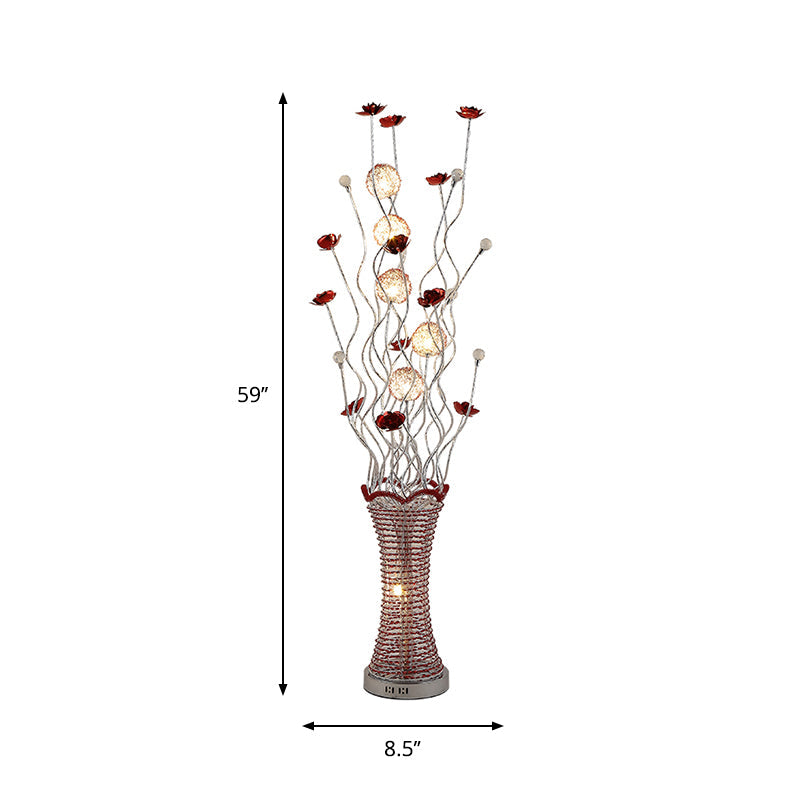 Stylish LED Vine Floor Lamp in Red - Pleated Vase Design - Aluminum Construction - Perfect for Reading - Decorative Lighting