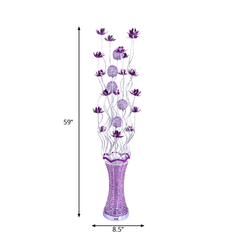 Purple LED Floral Floor Lamp with Elegant Twig Design, Aluminum Vase-Shaped Decorative Standing Light