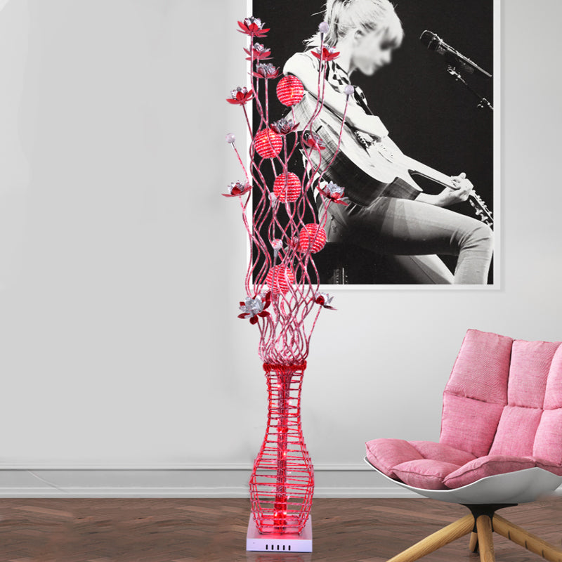 Aluminum Tree Branch LED Floor Lamp with Vase Pedestal - Stylish Bedside Light in Black and Silver/Red