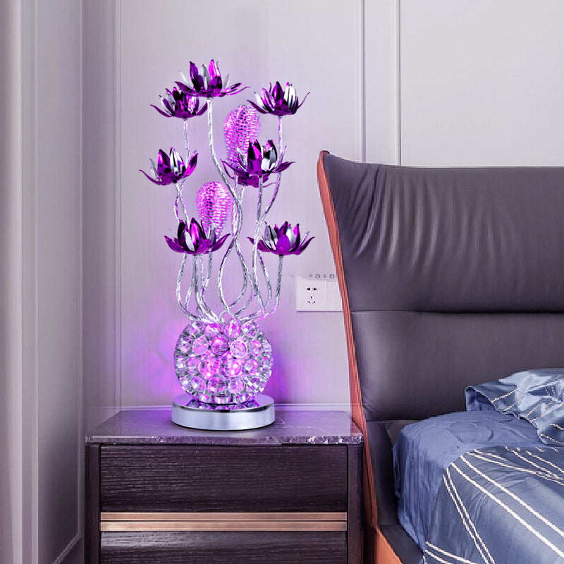 Floral LED Ball Table Lamp - Red/Purple Aluminum Nightstand Lighting, 16"/19.5" Length