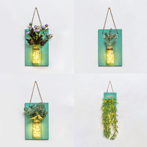 Modern Green Wooden Backplate Wall Lamp with Clear Glass Jar and Plant Decor String Light