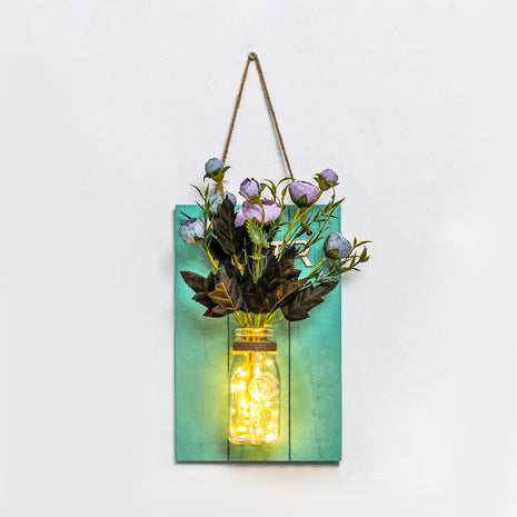 Modern Green Wooden Backplate Wall Lamp with Clear Glass Jar and Plant Decor String Light
