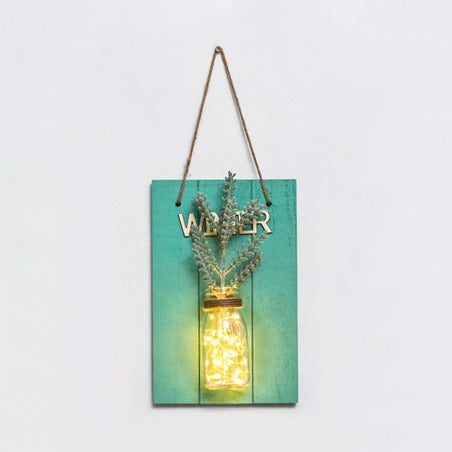 Modern Green Wooden Backplate Wall Lamp with Clear Glass Jar and Plant Decor String Light