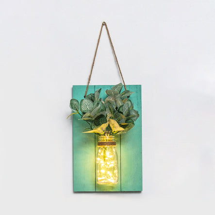 Modern Green Wooden Backplate Wall Lamp with Clear Glass Jar and Plant Decor String Light