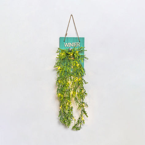 Modern Green Wooden Backplate Wall Lamp with Clear Glass Jar and Plant Decor String Light