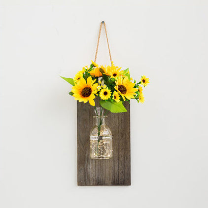 Modern Glass Jar Wall Sconce with Daisy/Rose Accents and Wood Backplate