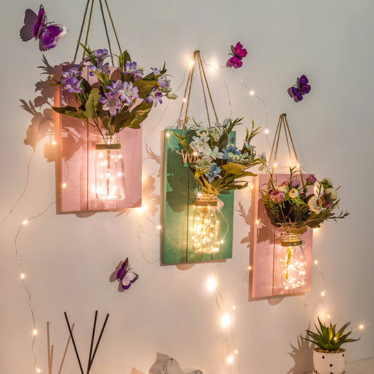 Cafe Rustic Floral Wall String Lights with Clear Glass Shades and Pink Backplate for Twinkling Ambience
