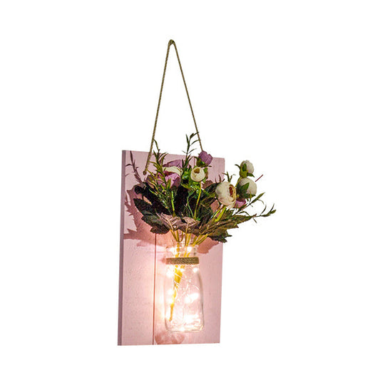 Cafe Rustic Floral Wall String Lights with Clear Glass Shades and Pink Backplate for Twinkling Ambience