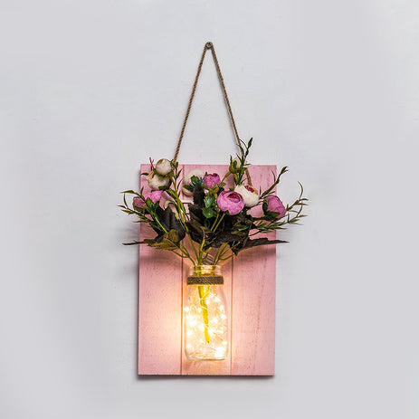 Cafe Rustic Floral Wall String Lights with Clear Glass Shades and Pink Backplate for Twinkling Ambience