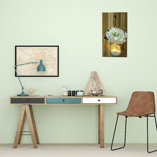 Nordic Glass Jar Flower Wall String Light with Wood Backplate, White Twinkle Light