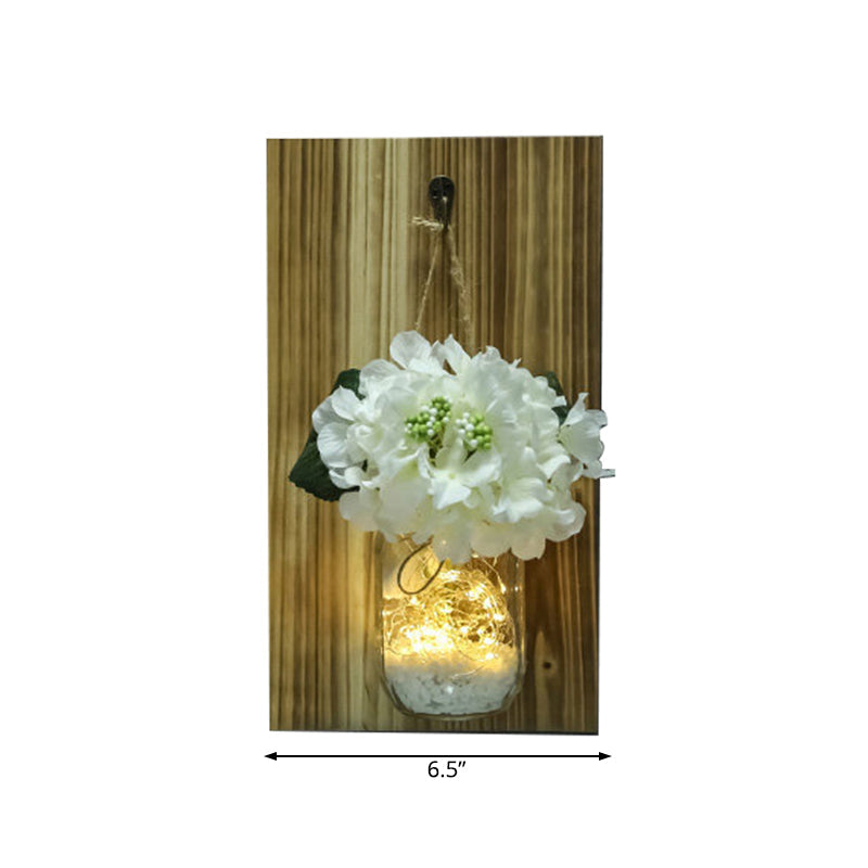 Nordic Glass Jar Flower Wall String Light with Wood Backplate, White Twinkle Light