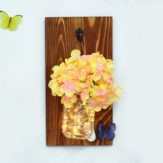 Contemporary Flower Wall Sconce with Glass Jar Shade and String Lights for Cafe and Restaurant - Blue/Pink/White