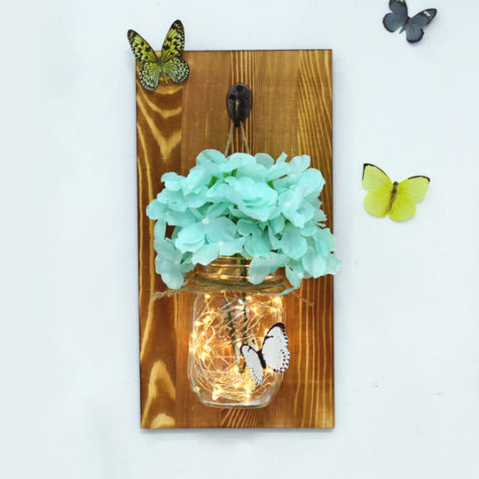 Contemporary Flower Wall Sconce with Glass Jar Shade and String Lights for Cafe and Restaurant - Blue/Pink/White
