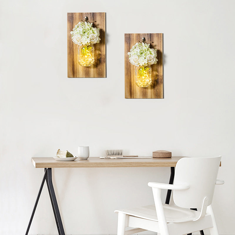 White Rose String Light Glass Jar Wall Lamp with Wood Backplate - Contemporary Design