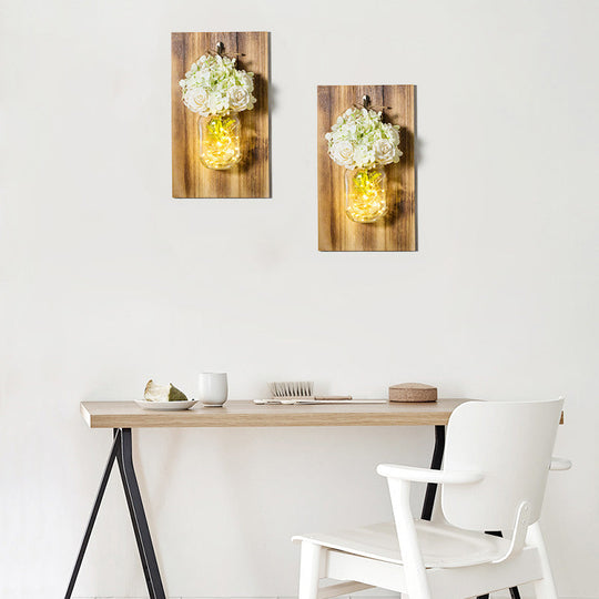 White Rose String Light Glass Jar Wall Lamp with Wood Backplate - Contemporary Design
