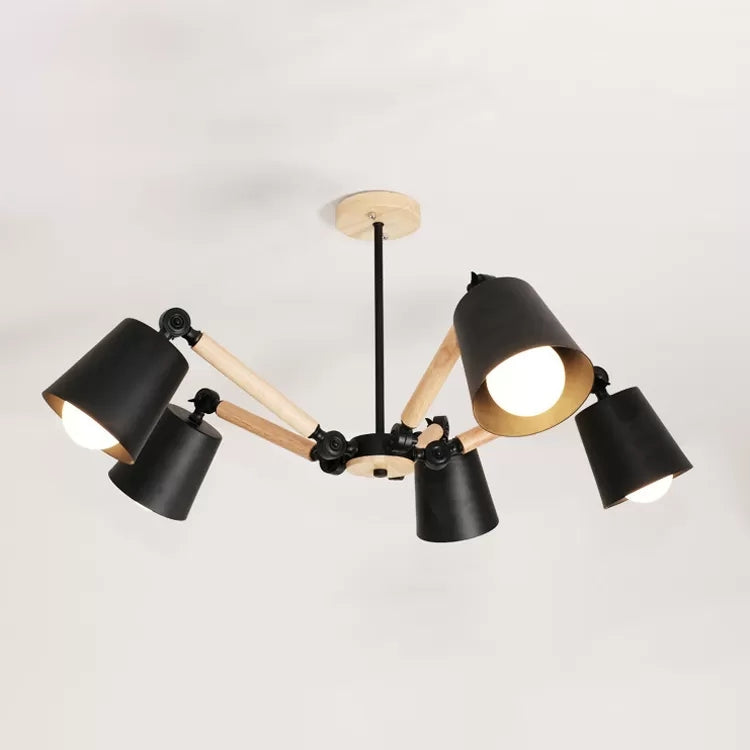 Kids Bedroom Chandelier - Adjustable Arm Wood Pendant Light with Modern Tapered Shade