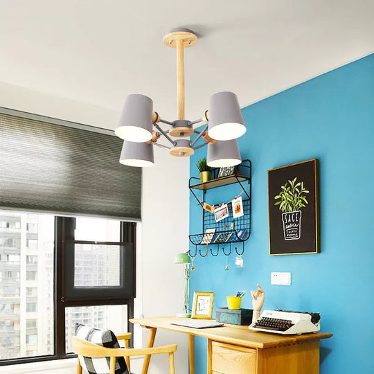 Kids' Wood Chandelier: Macaron Style Hanging Fixture for Bedroom with Rod and Tapered Shade