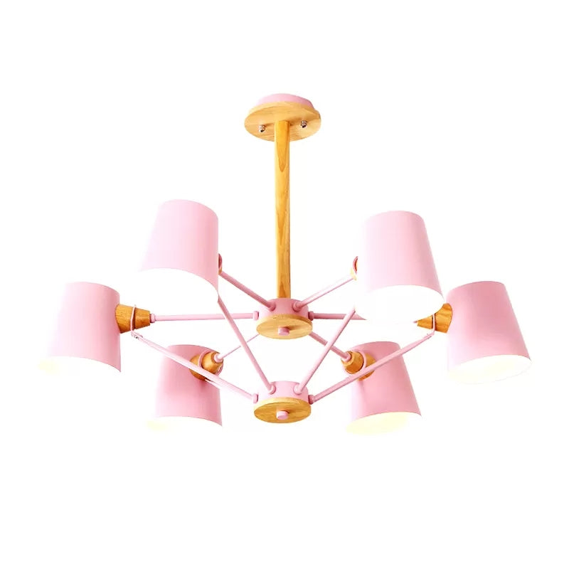 Kids' Wood Chandelier: Macaron Style Hanging Fixture for Bedroom with Rod and Tapered Shade