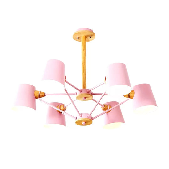 Kids' Wood Chandelier: Macaron Style Hanging Fixture for Bedroom with Rod and Tapered Shade