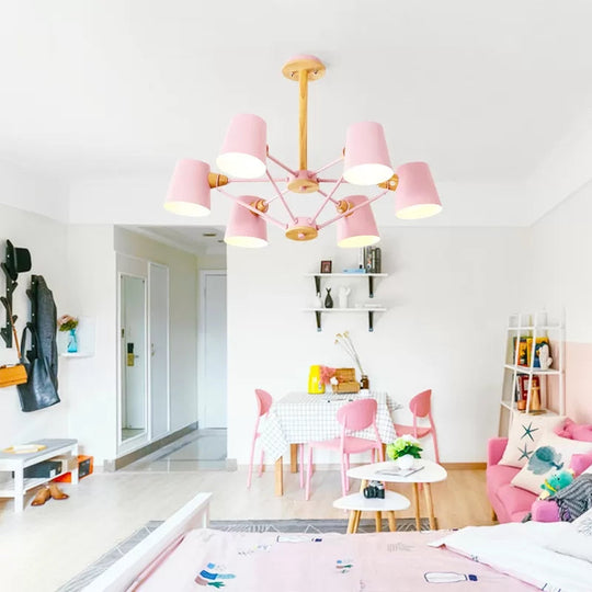 Kids' Wood Chandelier: Macaron Style Hanging Fixture for Bedroom with Rod and Tapered Shade