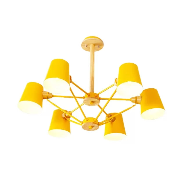 Kids' Wood Chandelier: Macaron Style Hanging Fixture for Bedroom with Rod and Tapered Shade