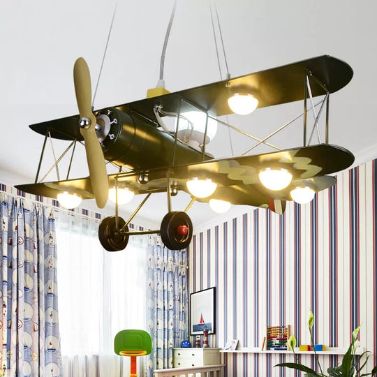 Modern 8-Light Biplane Chandelier for Boys Room - Large Hanging Light Fixture with Milk Glass Shade, L:25in W:27.5in H:8in