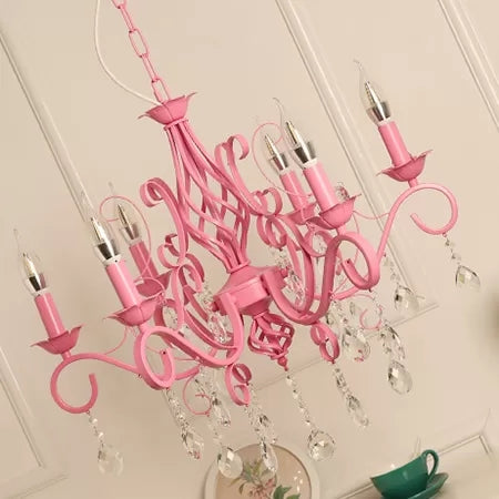 Girls' Pink Bedroom Chandelier Ceiling Light with Candle and Crystal Accents - Modern Style