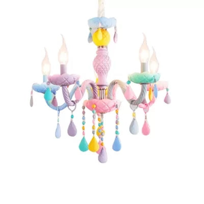 Girls Room Chandelier Lamp: Multicolor Pendant Lighting with Adjustable Chain and Candle, Perfect for Kids!