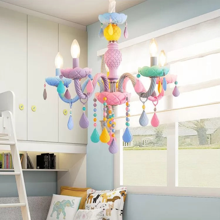 Girls Room Chandelier Lamp: Multicolor Pendant Lighting with Adjustable Chain and Candle, Perfect for Kids!