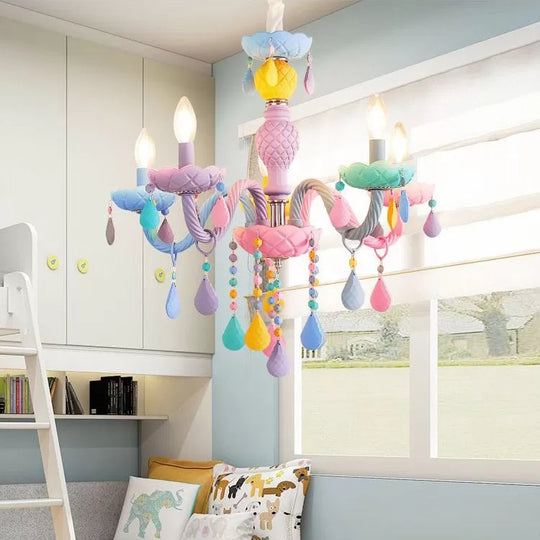 Girls Room Chandelier Lamp: Multicolor Pendant Lighting with Adjustable Chain and Candle, Perfect for Kids!