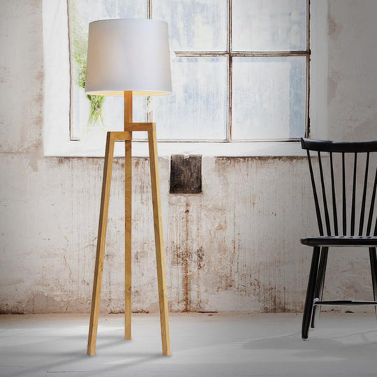 Modernistic White Reading Floor Lamp with Wooden Tripod - Elegant Fabric Standing Light