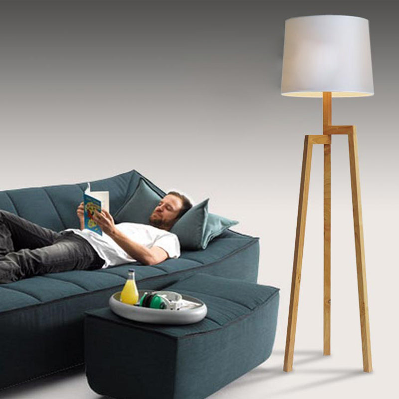 Modernistic White Reading Floor Lamp with Wooden Tripod - Elegant Fabric Standing Light