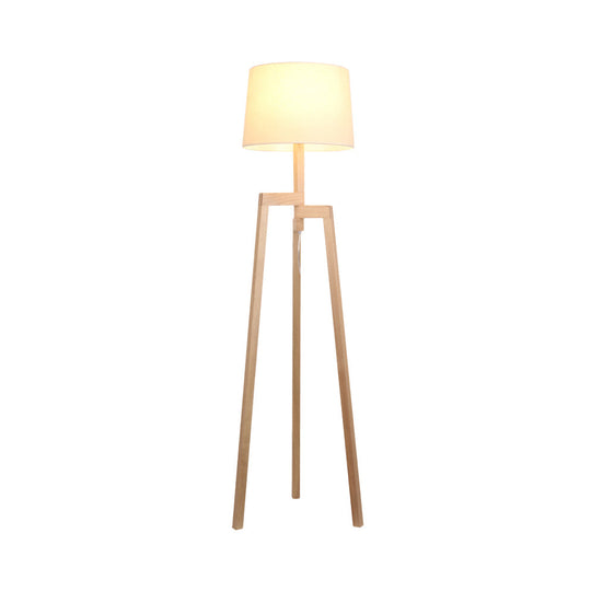 Modernistic White Reading Floor Lamp with Wooden Tripod - Elegant Fabric Standing Light