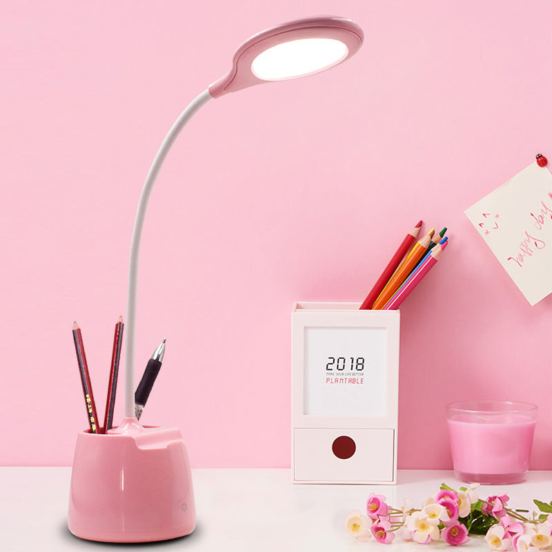 Multi-Colored Round Shade Desk Lamp with USB Charging, LED Reading Light and Pen Holder