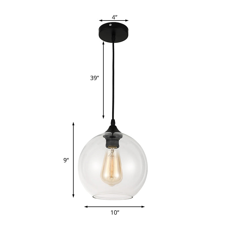 Industrial Globe Pendant Light | Wide 8"/10"/12" | 1-Light | Grey/Clear Glass | Black Hanging Lamp