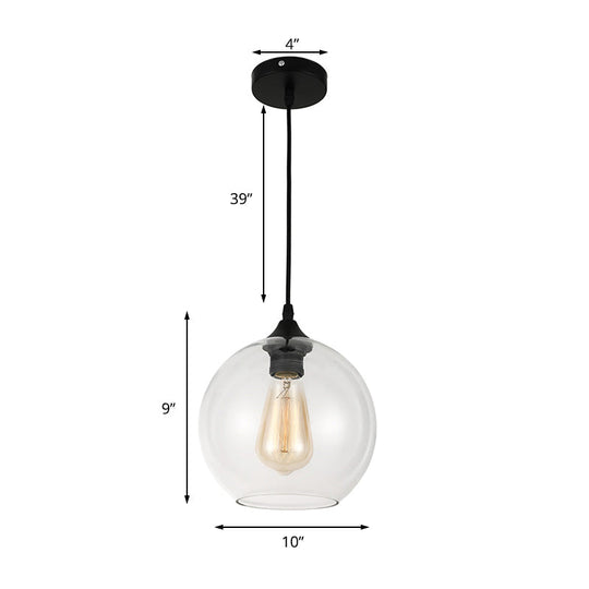 Industrial Globe Pendant Light | Wide 8"/10"/12" | 1-Light | Grey/Clear Glass | Black Hanging Lamp