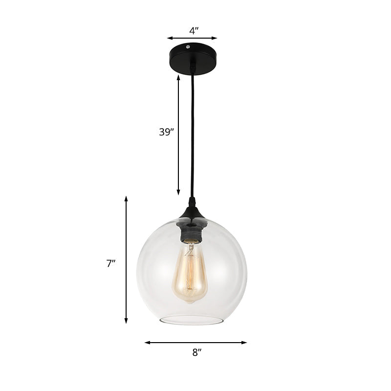 Industrial Globe Pendant Light | Wide 8"/10"/12" | 1-Light | Grey/Clear Glass | Black Hanging Lamp