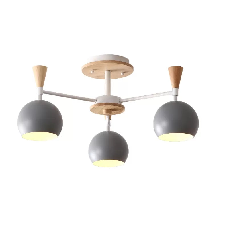 Nordic Style Wood and Metal Ceiling Light, 3-Light Semi Flush Mount with Orb Shade for Kids Bedroom